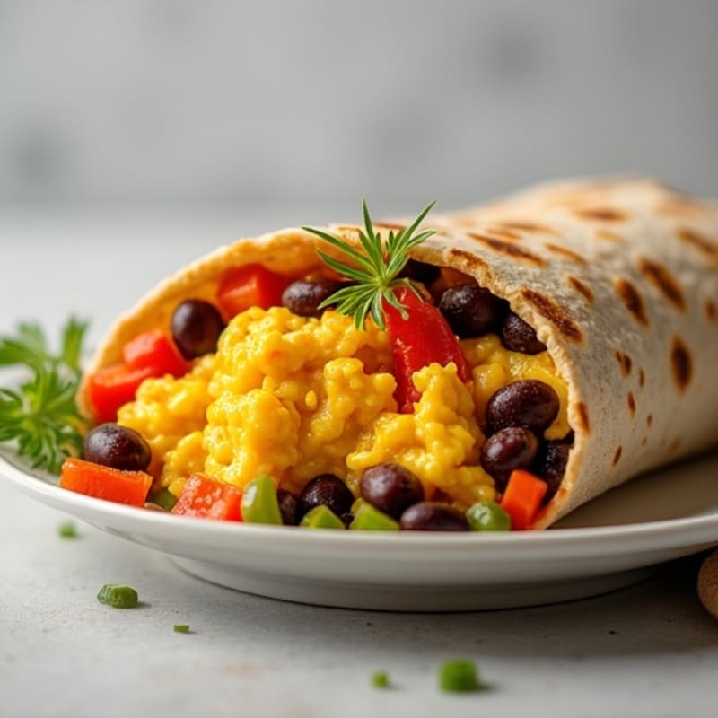 Hearty Whole Wheat Breakfast Burrito with Fluffy Scrambled Eggs and Black Beans