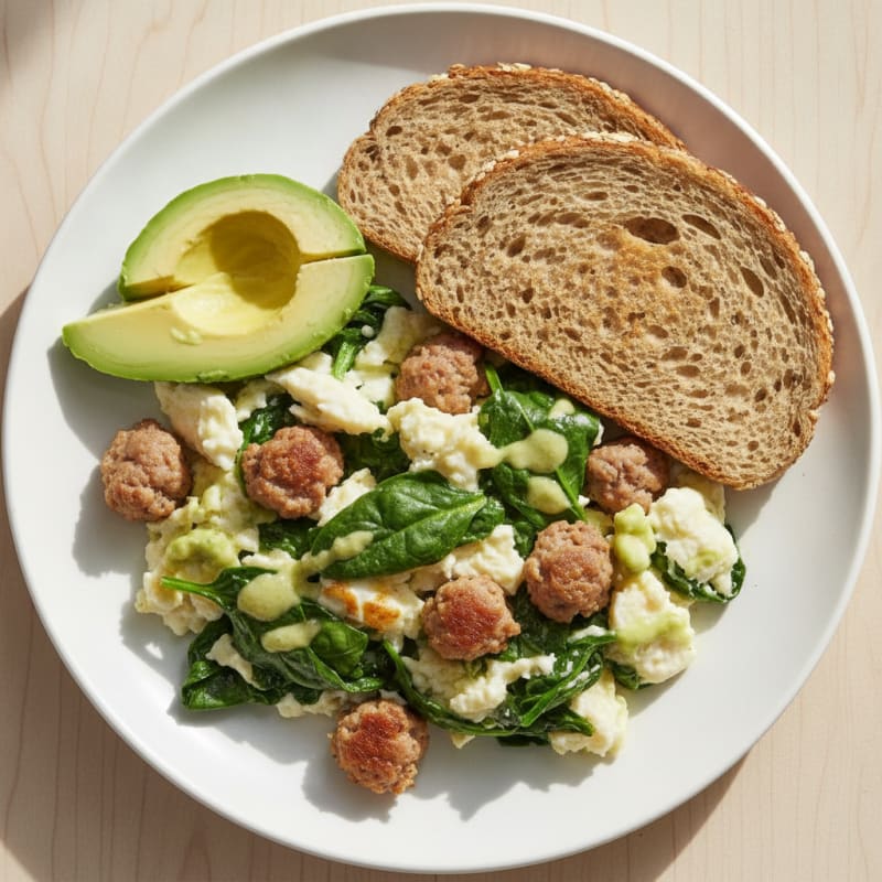 Egg White Spinach Scramble with Turkey Sausage