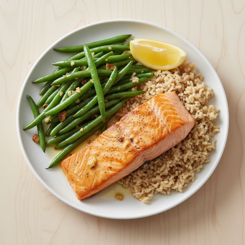 Seared Salmon with Garlic Green Beans and Brown Rice