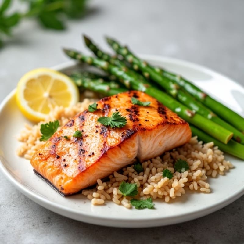Seared Salmon Fillet with Steamed Asparagus and Brown Rice