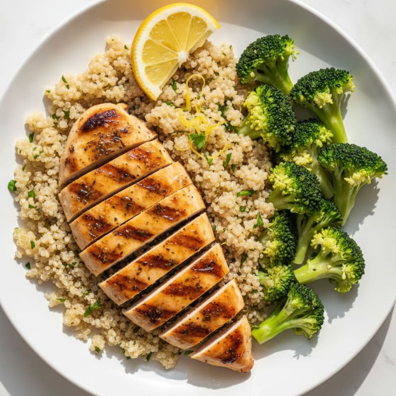 Grilled Chicken Breast with Quinoa and Steamed Broccoli