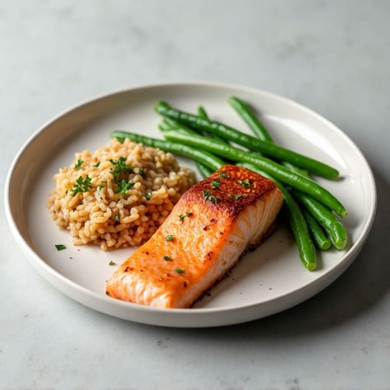 Seared Salmon with Steamed Green Beans and Brown Rice