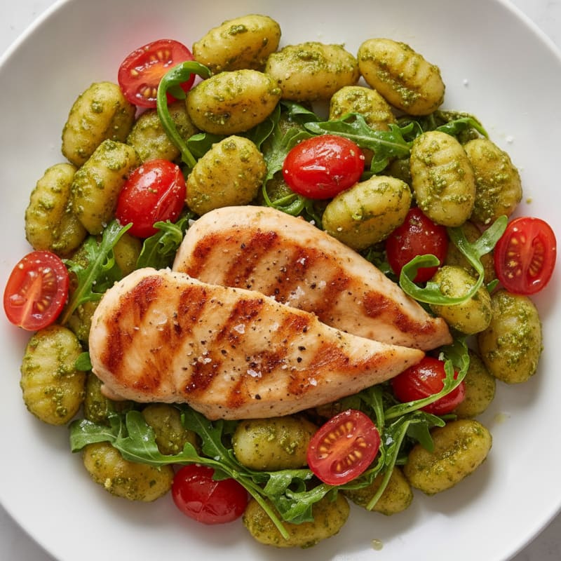 Gnocchi with Arugula Pesto and Cherry Tomatoes
