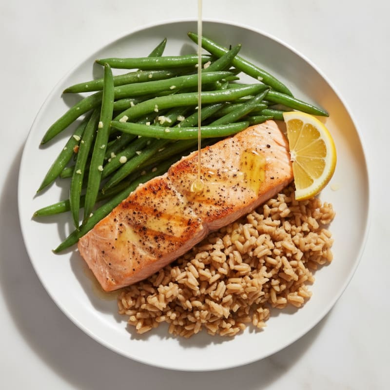 Seared Salmon with Garlic Green Beans and Brown Rice