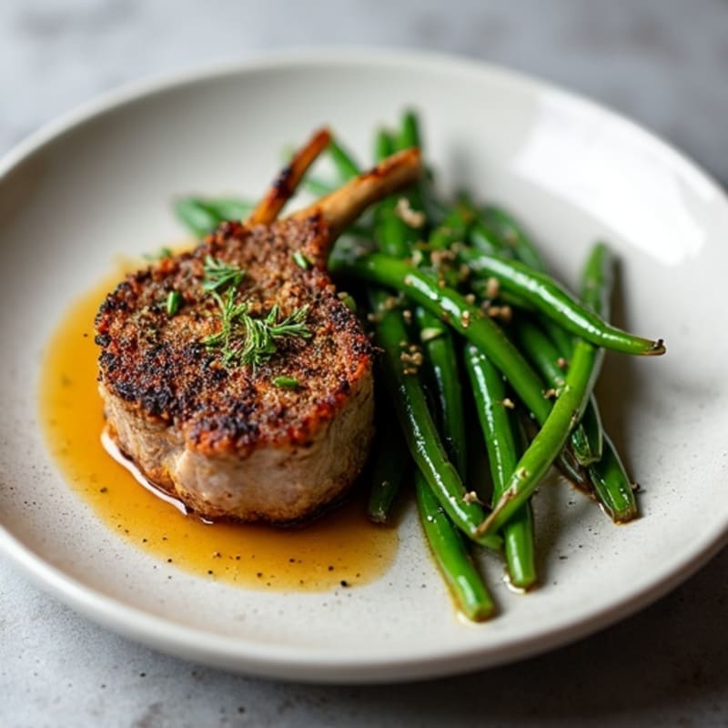 Crispy Herb-Crusted Lamb with Roasted Garlicky Green Beans
