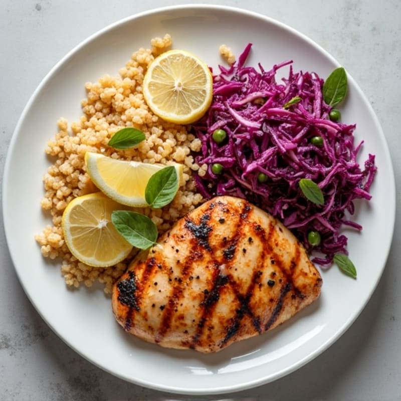 Grilled Chicken Breast with Crunchy Cabbage Slaw and Quinoa