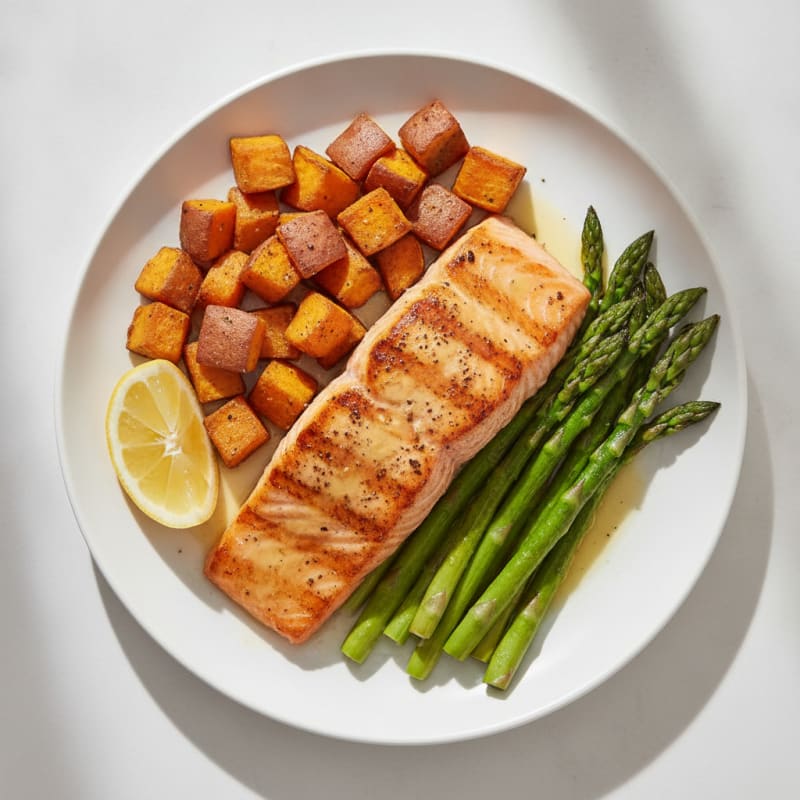 Seared Salmon with Roasted Sweet Potato and Asparagus