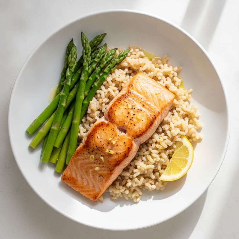 Seared Salmon with Steamed Asparagus and Lemon Brown Rice