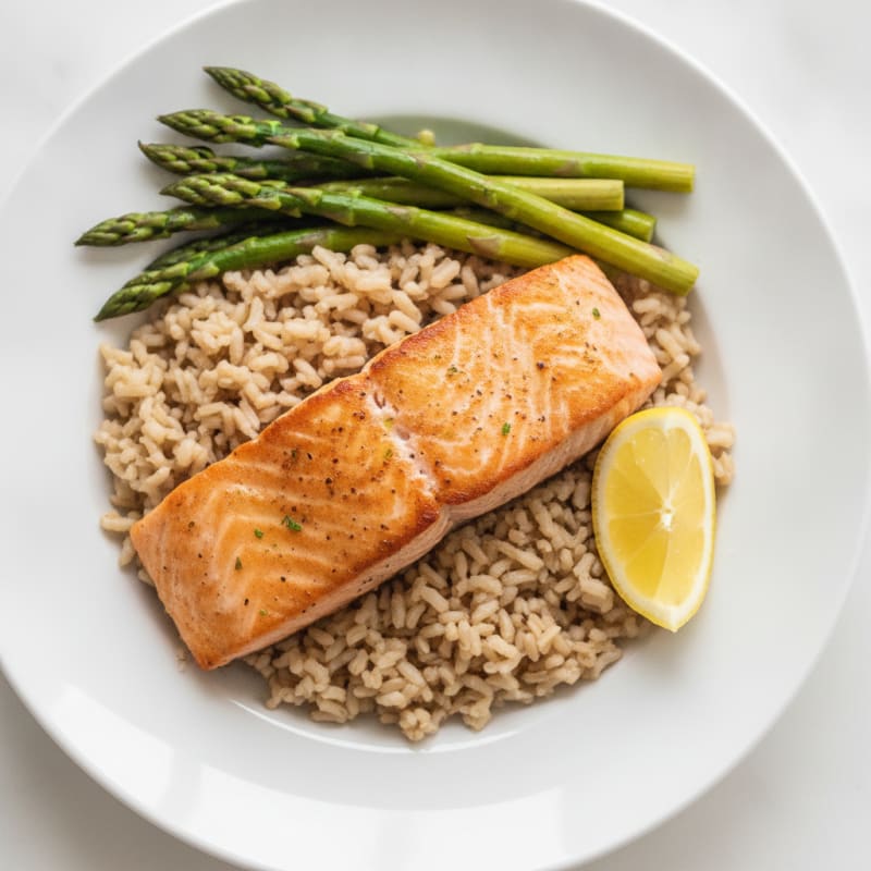 Seared Salmon with Steamed Asparagus and Brown Rice