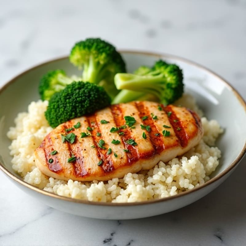 Grilled Chicken Breast with Steamed Broccoli and Cauliflower Rice