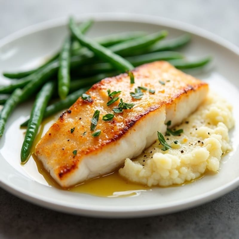 Seared Cod Fillet with Garlic Green Beans and Cauliflower Mash