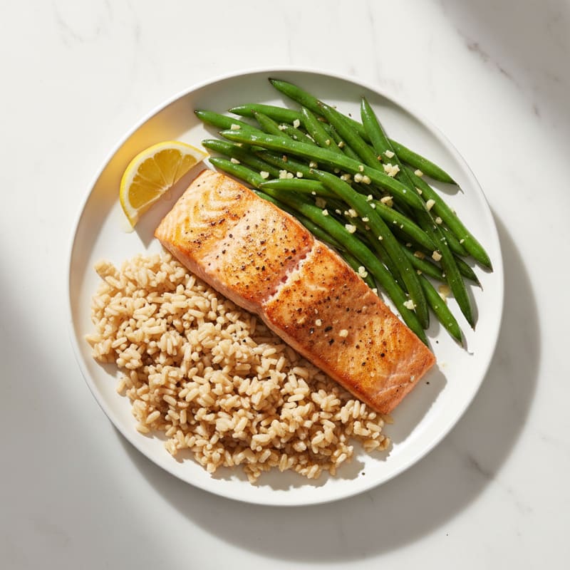 Seared Salmon with Garlic Green Beans and Brown Rice