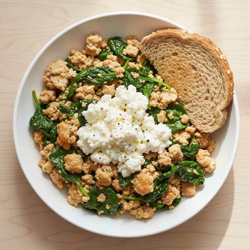 Egg White and Turkey Spinach Scramble with Cottage Cheese