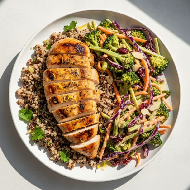 Grilled Chicken Breast with Quinoa and Crunchy Broccoli Slaw
