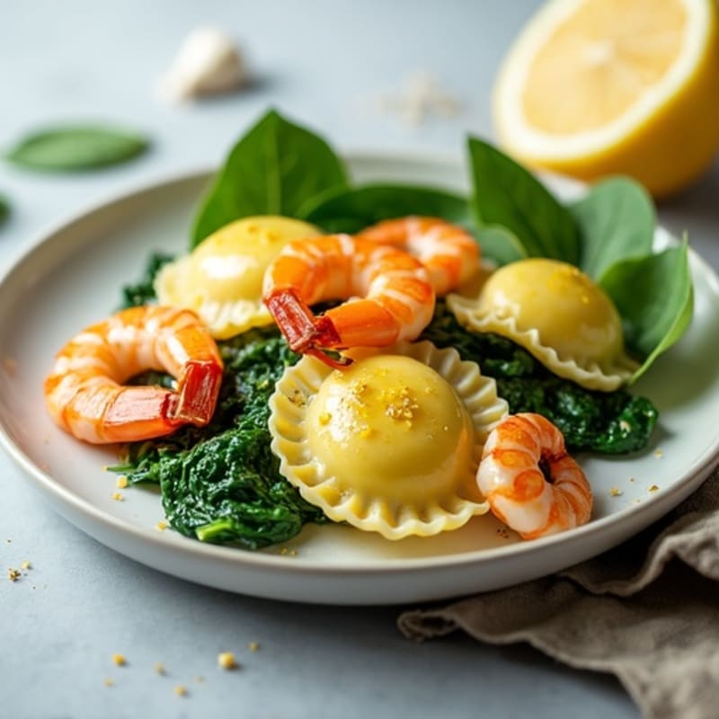 Spinach Ravioli with Zesty Lemon Garlic Sauce and Wilted Greens