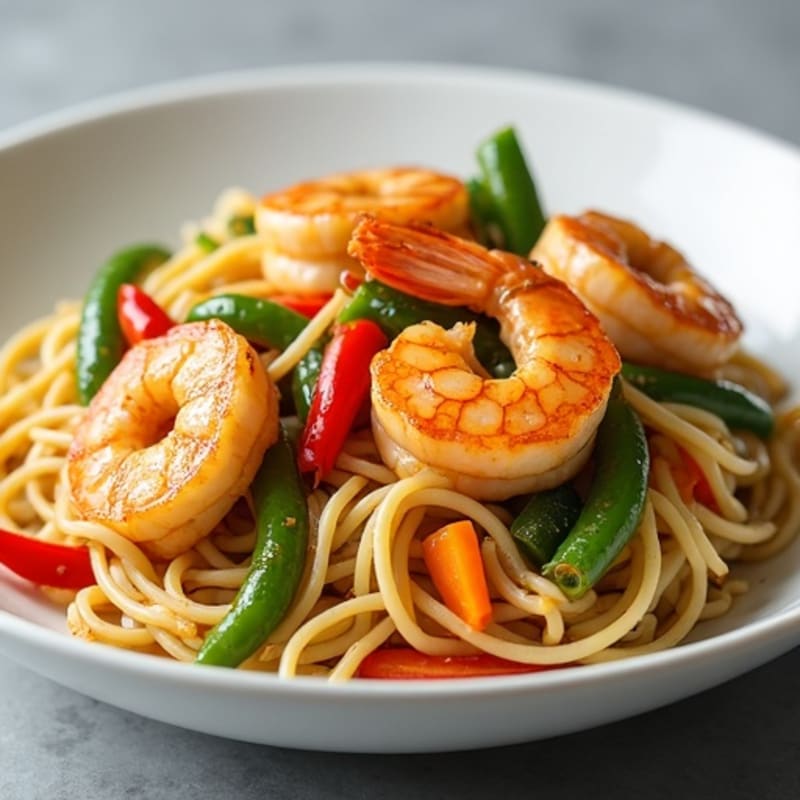 Pan-Seared Shrimp with Silky Rice Noodles, Crispy Vegetables, and Savory Peanut-Lime Dressing