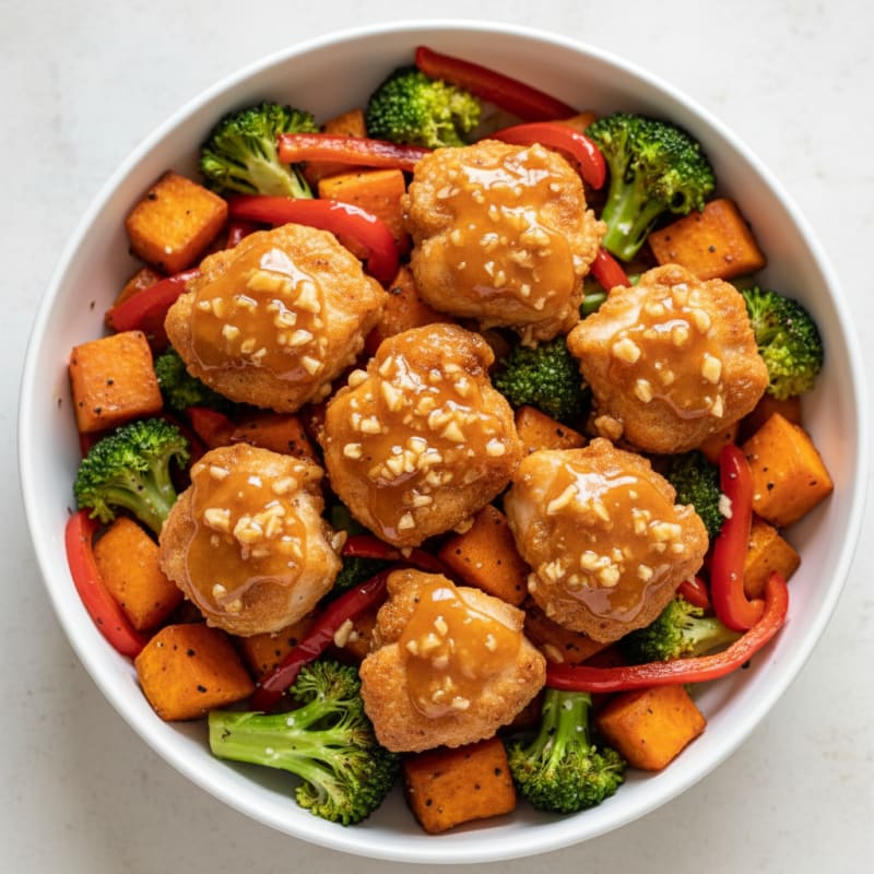 Crispy Honey-Garlic Chicken & Roasted Veggie Bowl