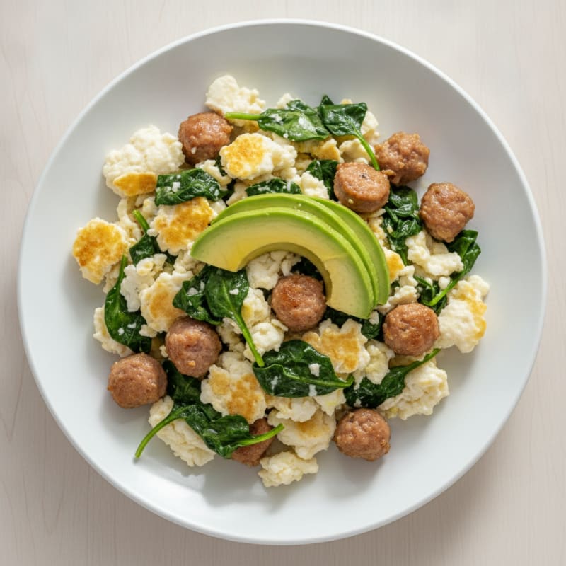 Egg White and Turkey Sausage Scramble with Sautéed Spinach