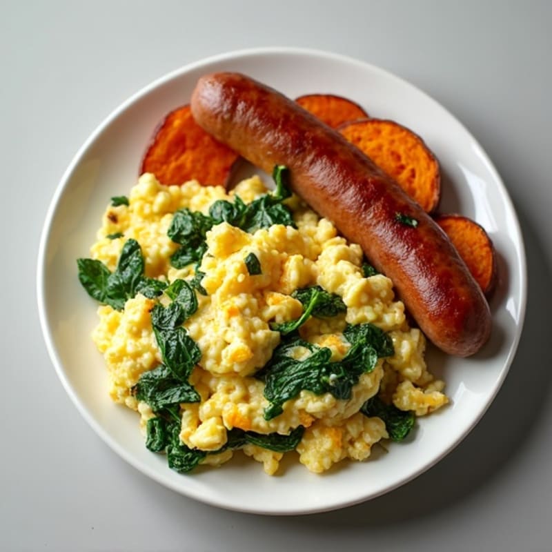 Egg White Spinach Scramble with Turkey Sausage and Roasted Sweet Potatoes