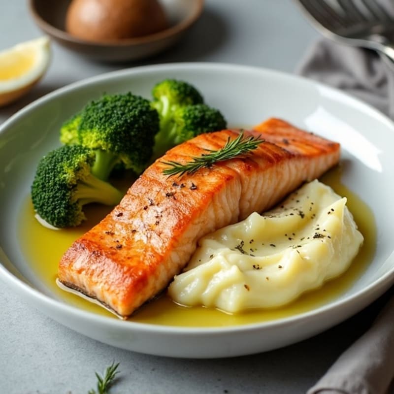 Seared Salmon with Roasted Broccoli and Garlic Mashed Potatoes