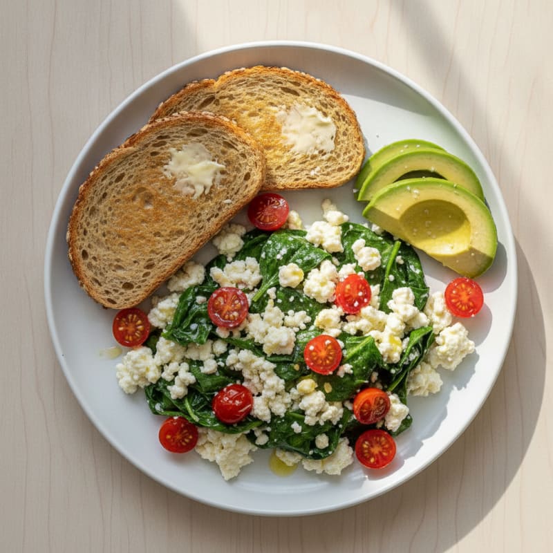 Egg White and Spinach Scramble with Cottage Cheese and Cherry Tomatoes