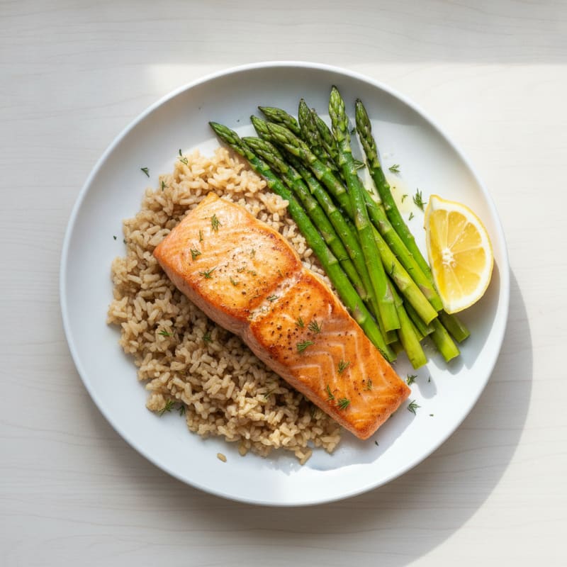 Seared Salmon with Steamed Asparagus and Brown Rice