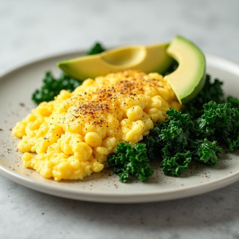Fluffy Scrambled Eggs with Sautéed Greens and Avocado