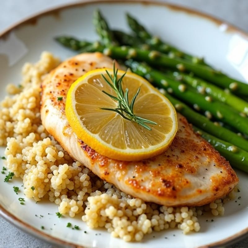 Lemon Garlic Pan-Seared Chicken with Roasted Asparagus and Quinoa