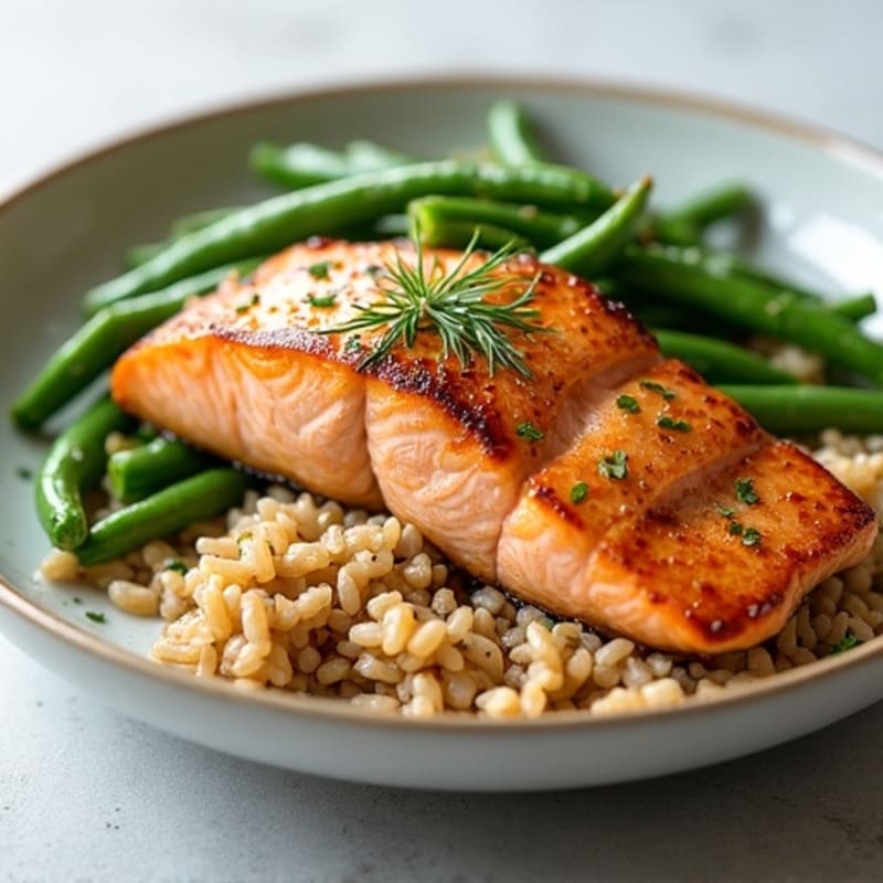 Seared Salmon with Garlic Green Beans and Brown Rice