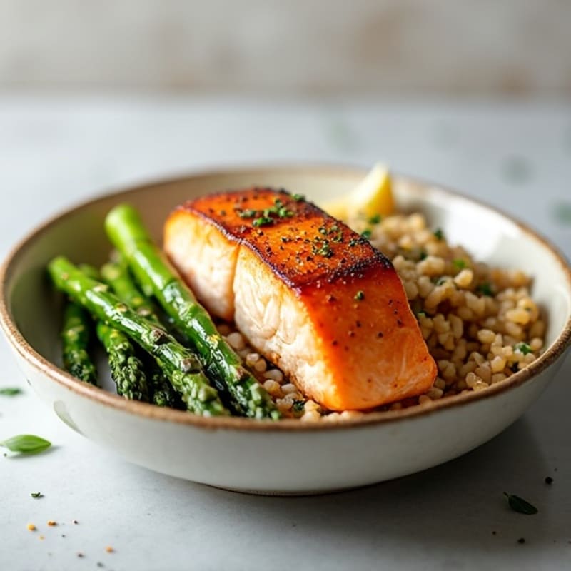 Seared Salmon with Steamed Asparagus and Brown Rice