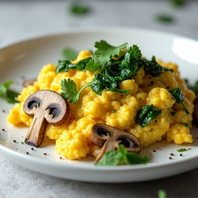Fluffy Scrambled Eggs with Sautéed Spinach and Mushrooms