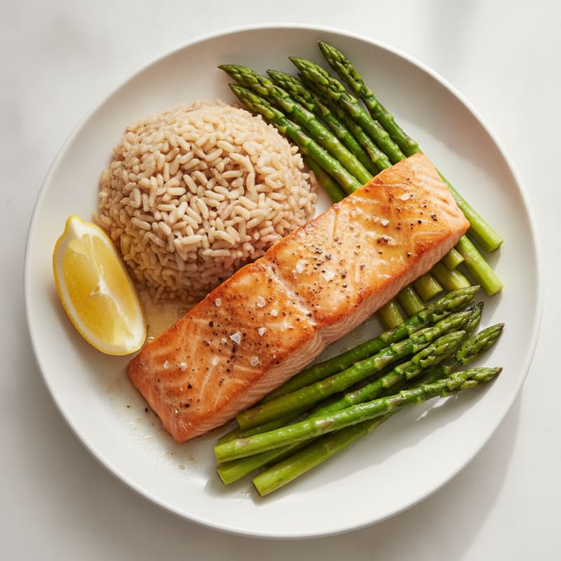 Seared Salmon Fillet with Steamed Asparagus and Brown Rice