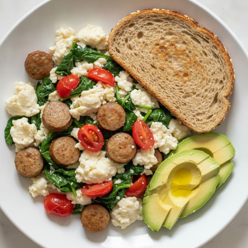 Egg White and Turkey Sausage Scramble with Spinach and Tomatoes