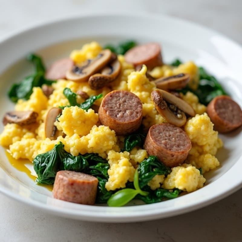 Egg White and Turkey Sausage Scramble with Spinach and Sautéed Mushrooms