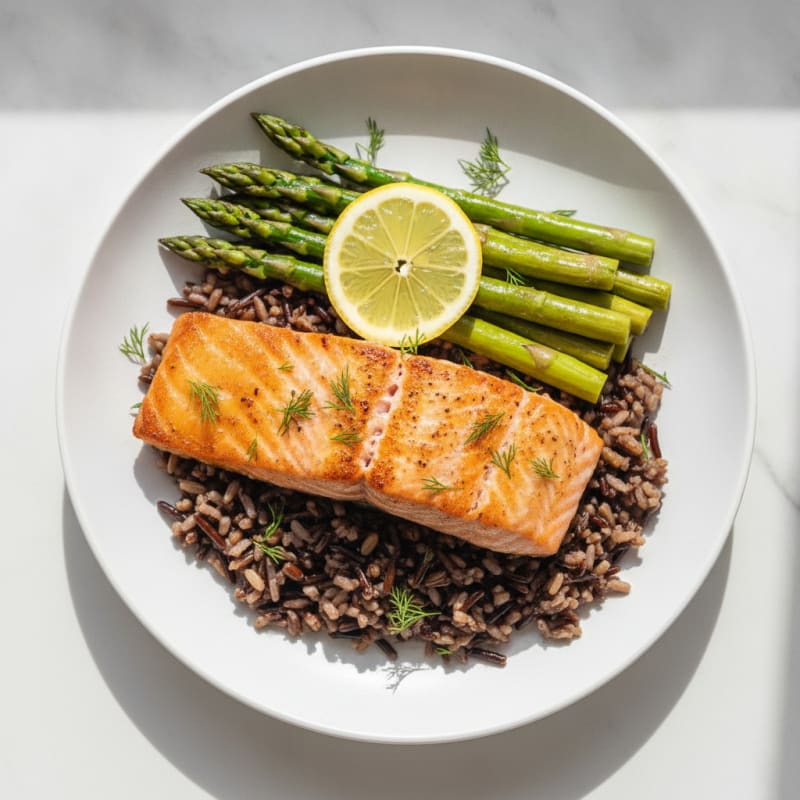 Seared Salmon with Steamed Asparagus and Wild Rice