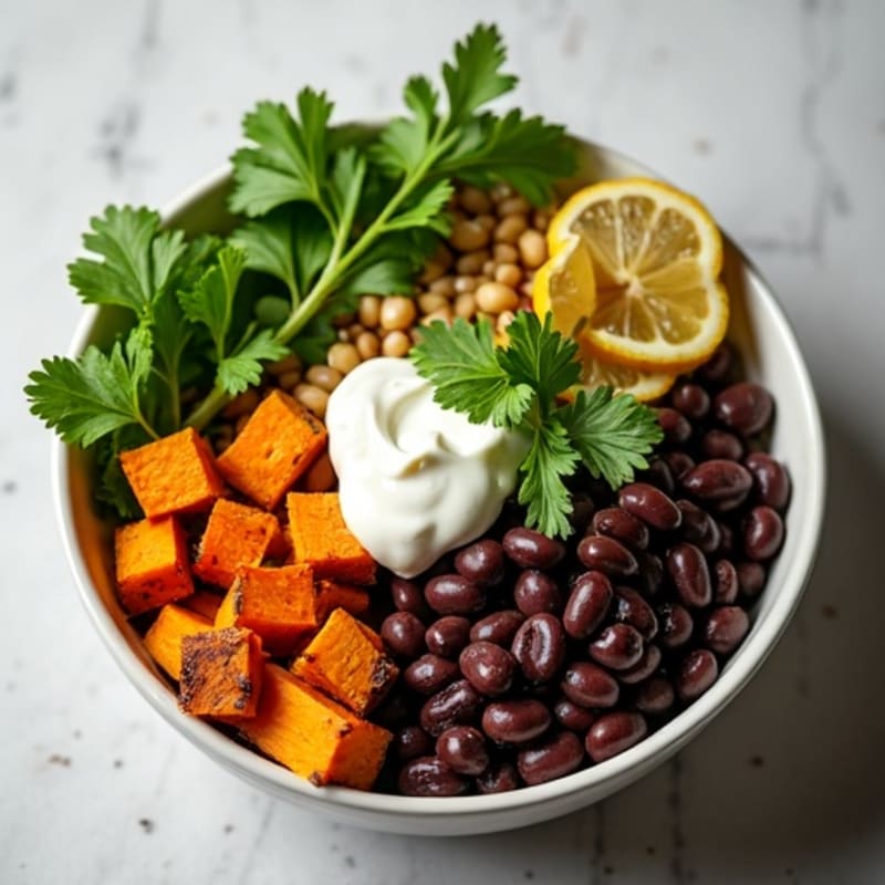 Roasted Sweet Potato and Black Bean Bowl with Creamy Cilantro-Lime Dressing