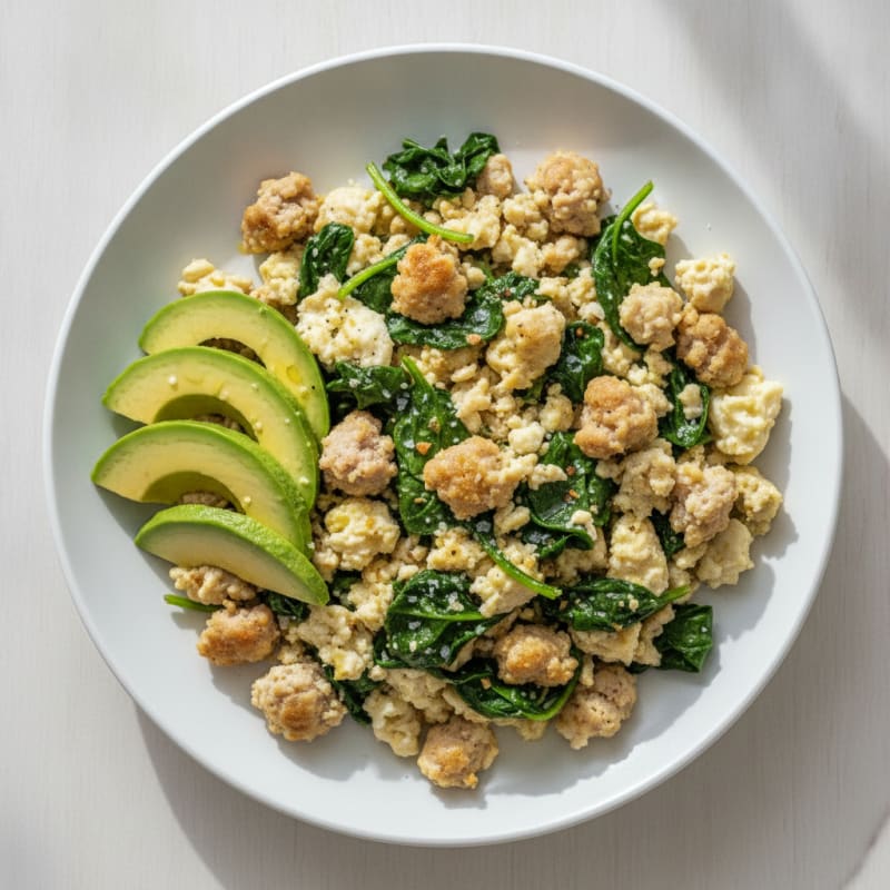 Egg White and Turkey Sausage Scramble with Sautéed Spinach