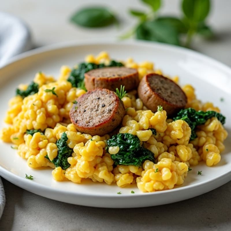 Egg White Scramble with Chicken Sausage and Sautéed Spinach