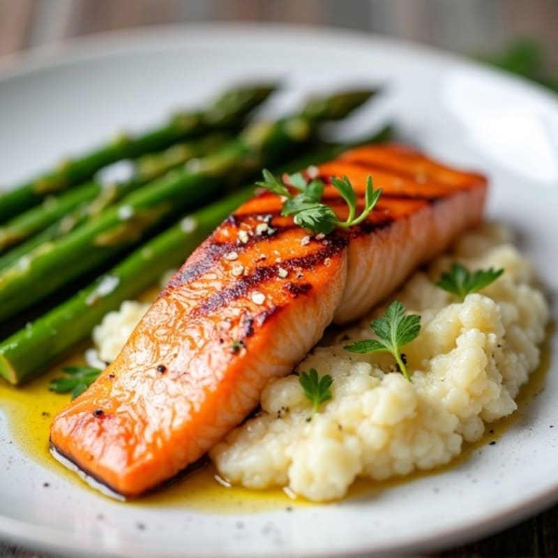 Seared Salmon Fillet with Steamed Asparagus and Cauliflower Mash