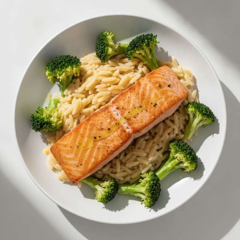 Seared Salmon with Lemon-Garlic Pasta and Steamed Broccoli