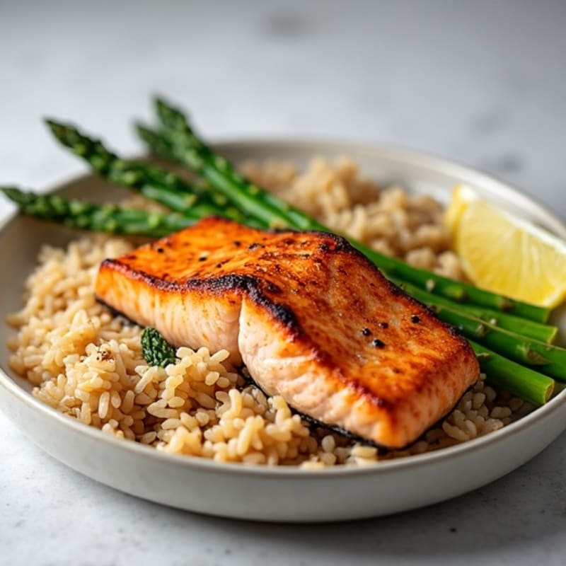 Seared Salmon with Steamed Asparagus and Brown Rice
