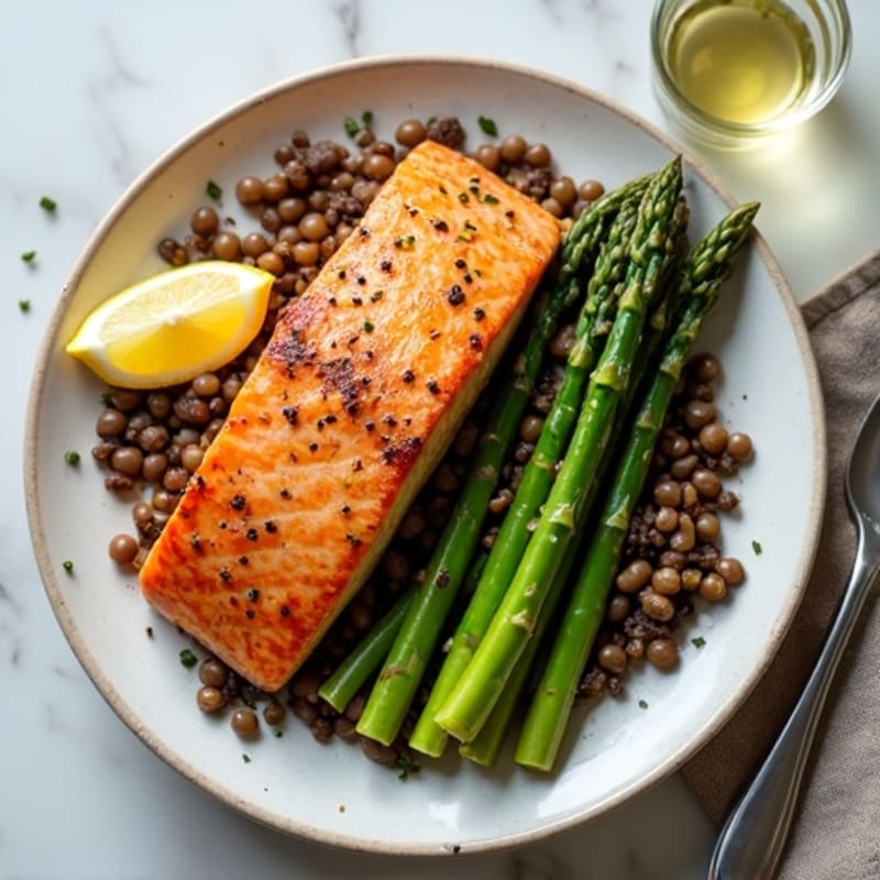 Seared Salmon Fillet with Steamed Asparagus and Lentil Salad