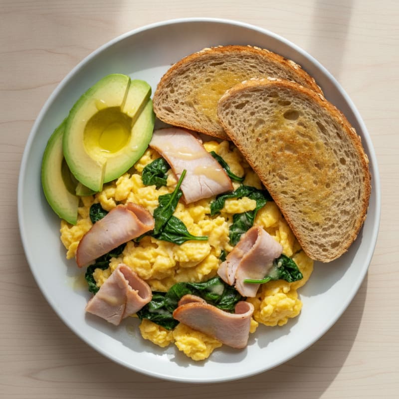 Creamy Scrambled Eggs with Smoked Turkey and Sautéed Spinach