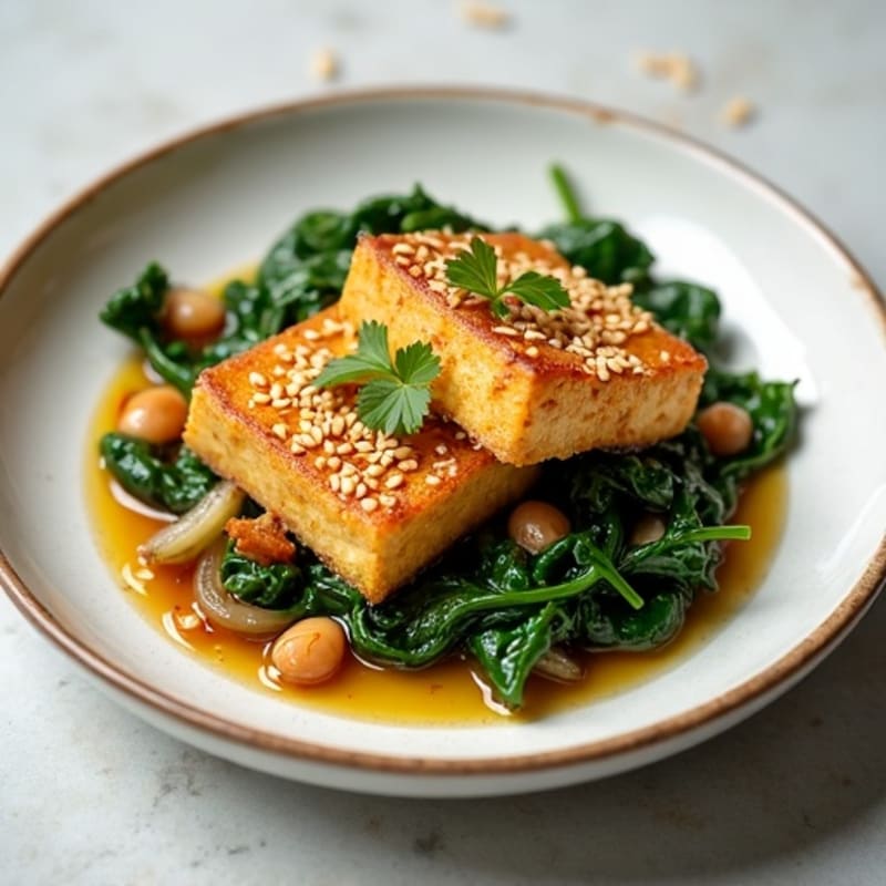 Crispy Sesame Tofu with Caramelized Onions and Wilted Garlic Spinach