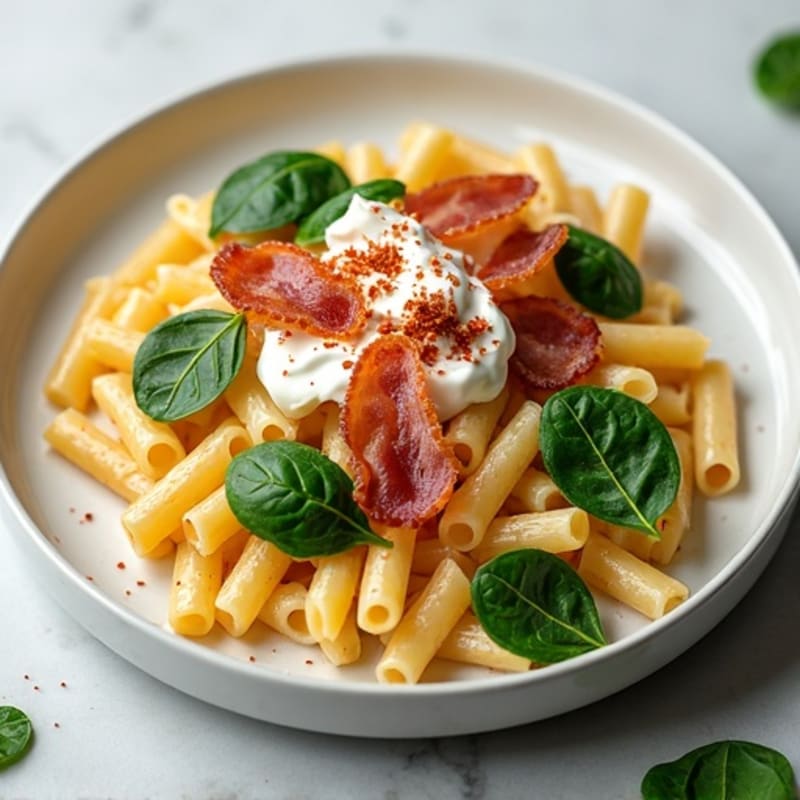 Creamy Whole Wheat Pasta with Lean Turkey Bacon and Fresh Greens