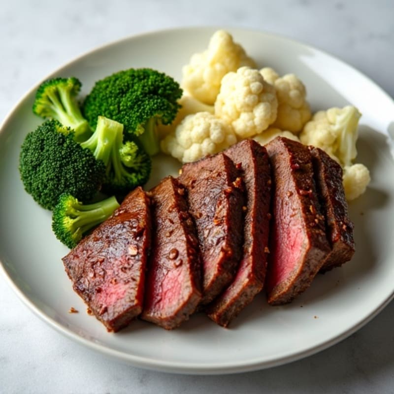 Seared Lean Beef Strips with Steamed Broccoli and Cauliflower