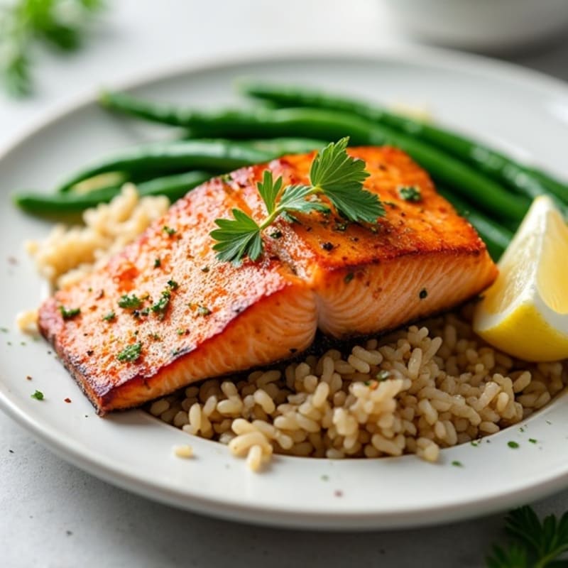 Seared Salmon with Garlic Green Beans and Brown Rice