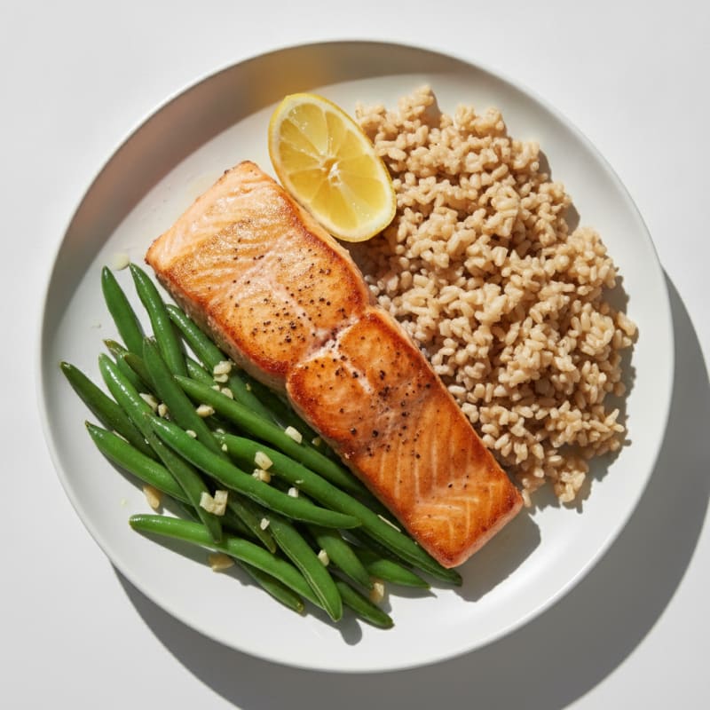 Seared Salmon with Garlic Green Beans and Brown Rice
