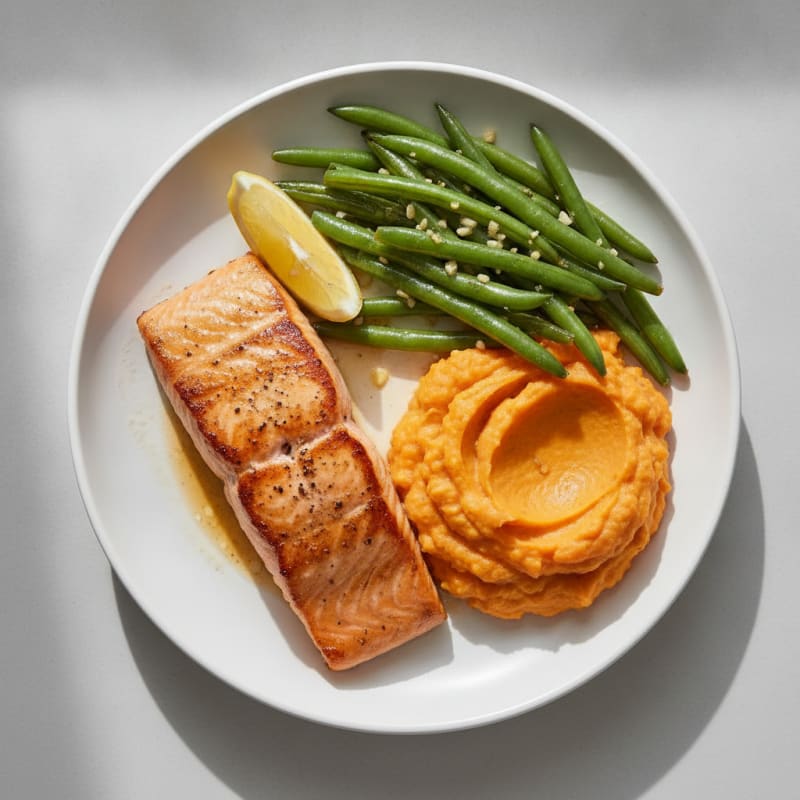 Seared Salmon with Garlic Green Beans and Sweet Potato Mash
