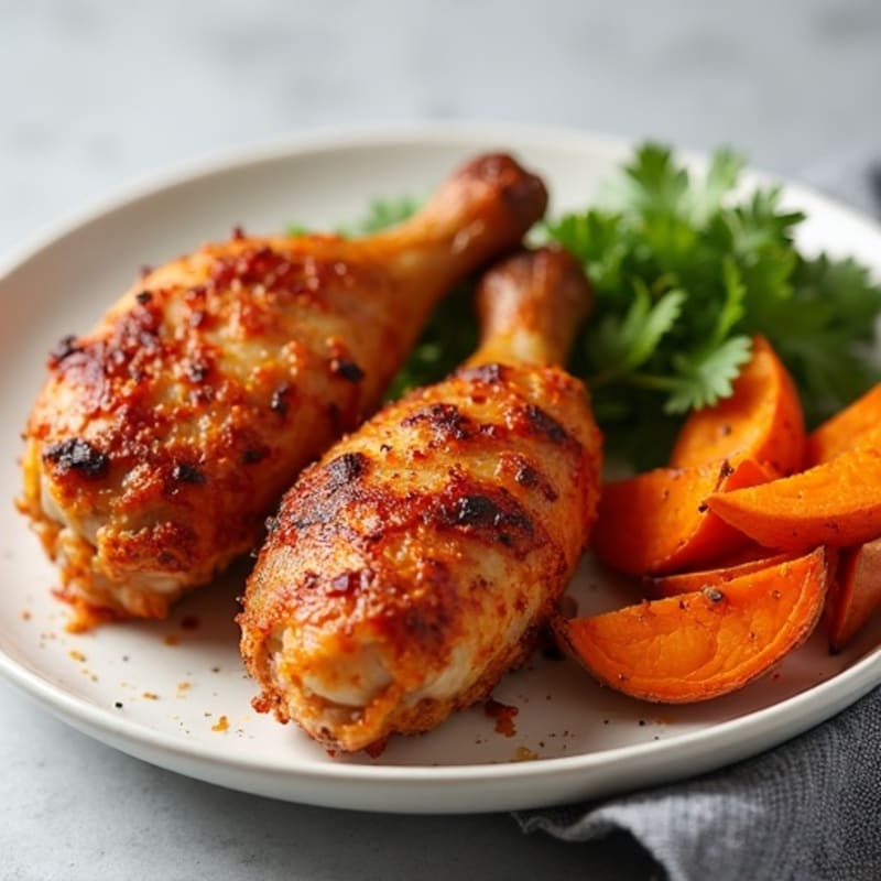 Crispy Roasted Chicken Drumsticks with Sweet Potato Wedges